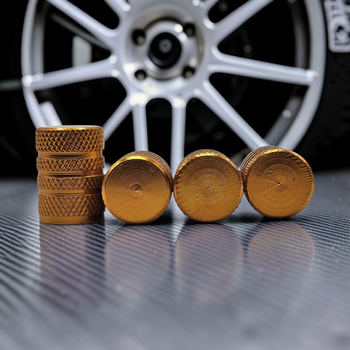 Tire Valve Barrel stem cap W plastic protection - Gold - Aluminum Alloy