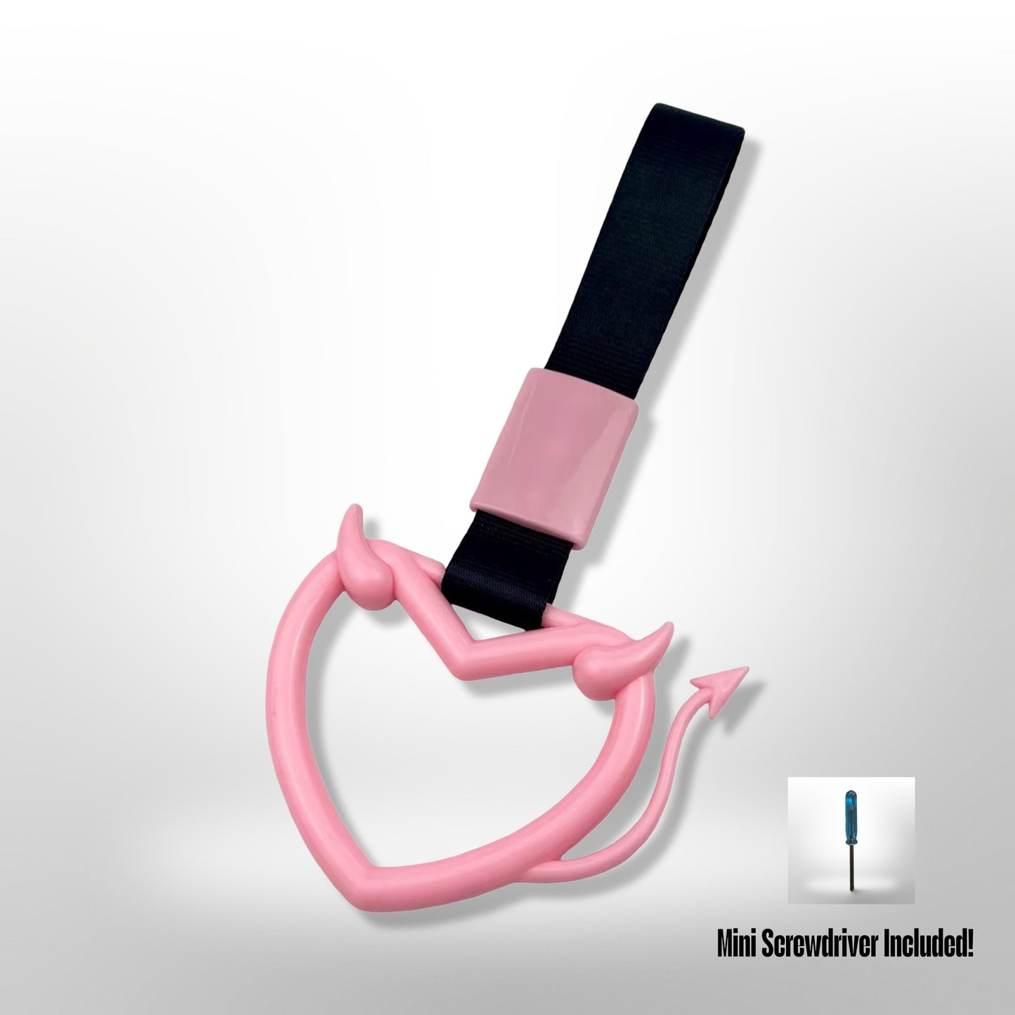 Car Handle / Tsurikawa JDM Style - Pink Evil Heart w/ Tail, Black Strap