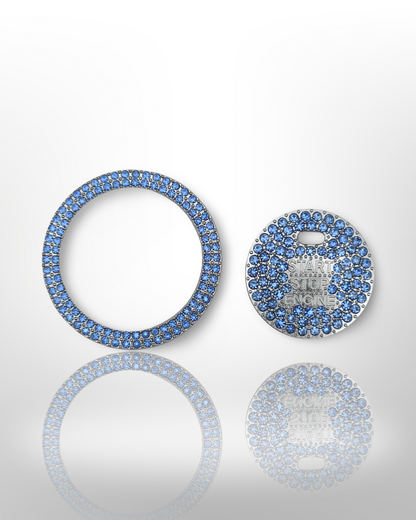 Start/Stop Button Bling Ring - 2pc Set W Hole - Rhinestone Ring - Blue